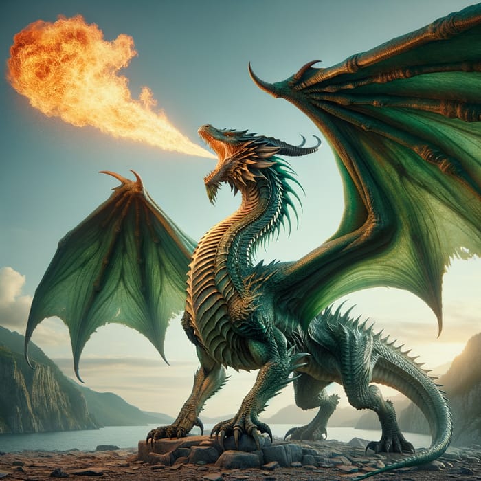 Majestic Green Dragon Breathing Fire Upward | Stunning Fantasy Art