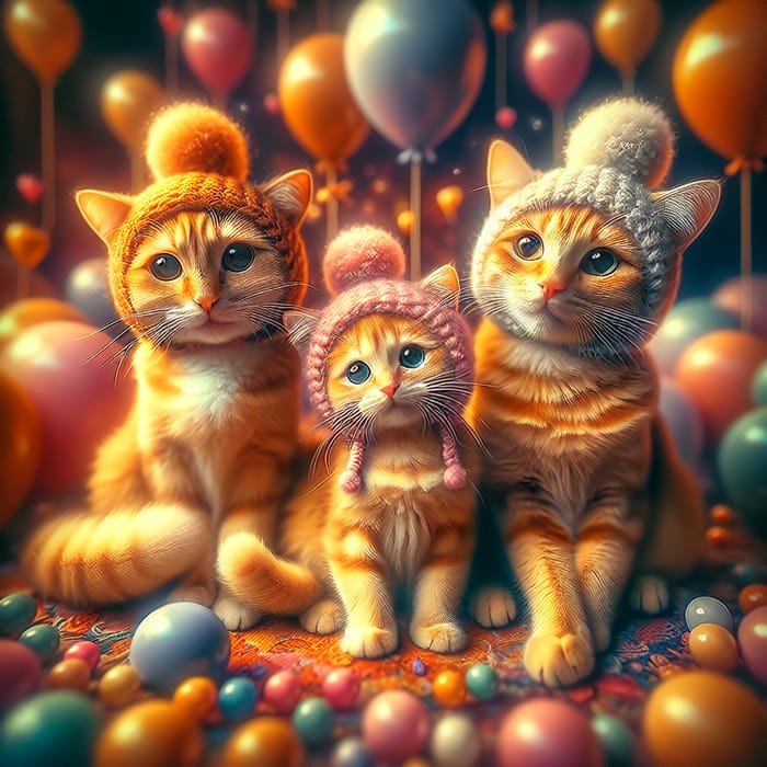 Ginger Cat Trio: Magical Fantasy Portrait in Soft Beanies