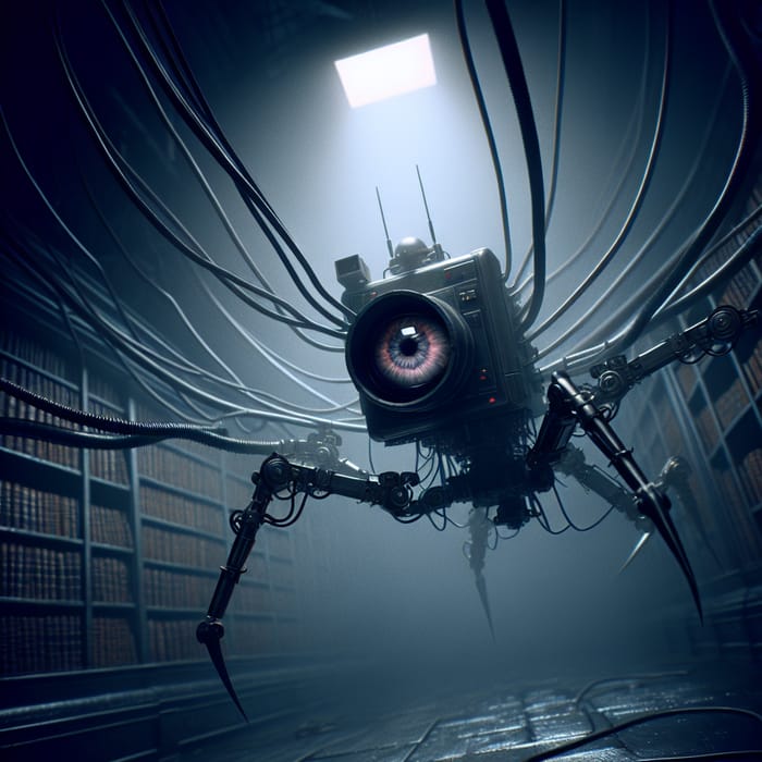 Creepy Mechanical Monster in Dark Library