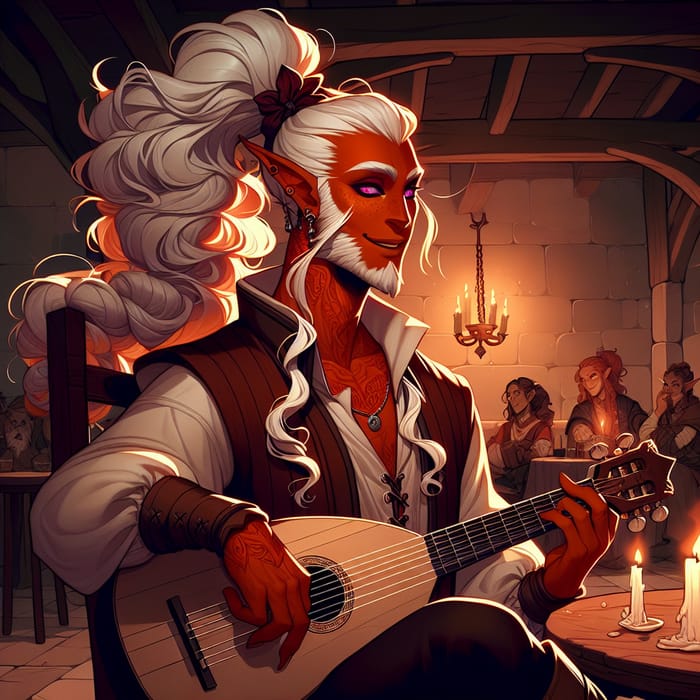 Fantasy Tiefling Rogue Playing Lute in Dimly Lit Tavern