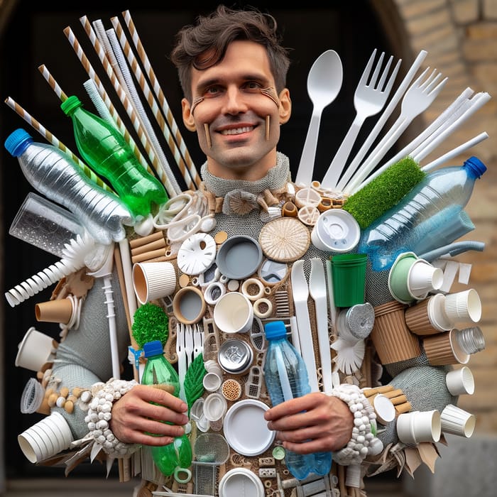 Eco-Friendly Man's Costume from Recycled Plastic & Cutlery Eco-Friendly Man's Costume from Recycled Plastic & Cutlery