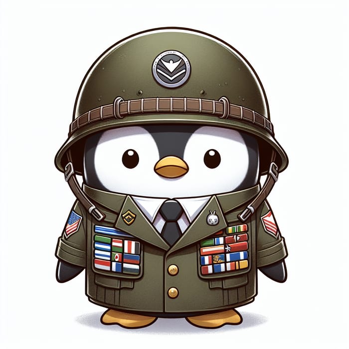 Charming Cartoon Penguin in Military Uniform