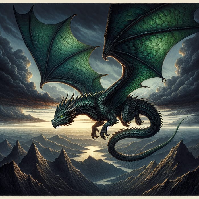 Majestic Dragon Soaring Over Stormy Peaks