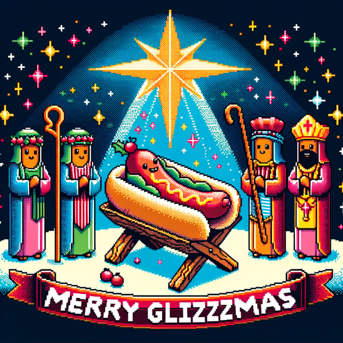 Dynamic Pixel Art Nativity Scene with Baby Hot Dog in Pixelated Bun Manger