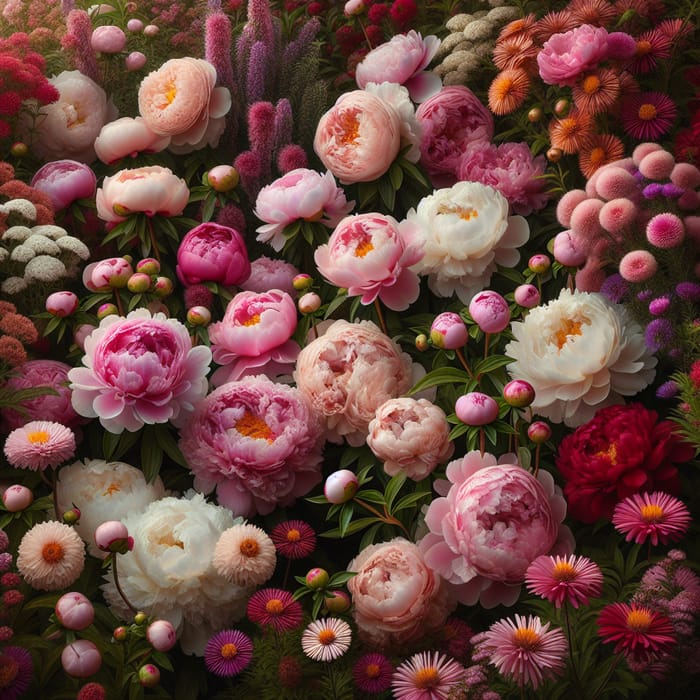 Pink, White, and Red Peonies with Buds and Asters