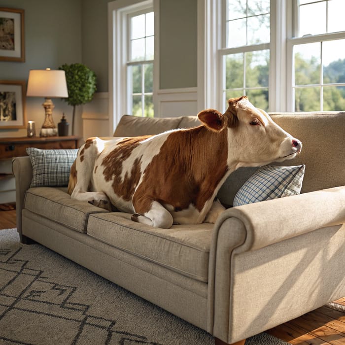 Relaxing Cow on a Cozy Sofa - Ultra-Realistic Image Relaxing Cow on a Cozy Sofa - Ultra-Realistic Image
