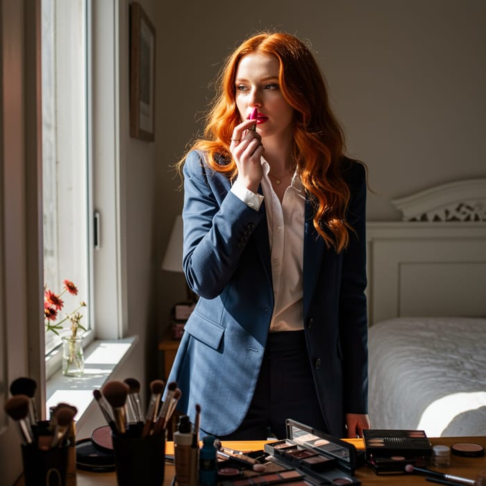 Red-Haired Girl Preparing for Work