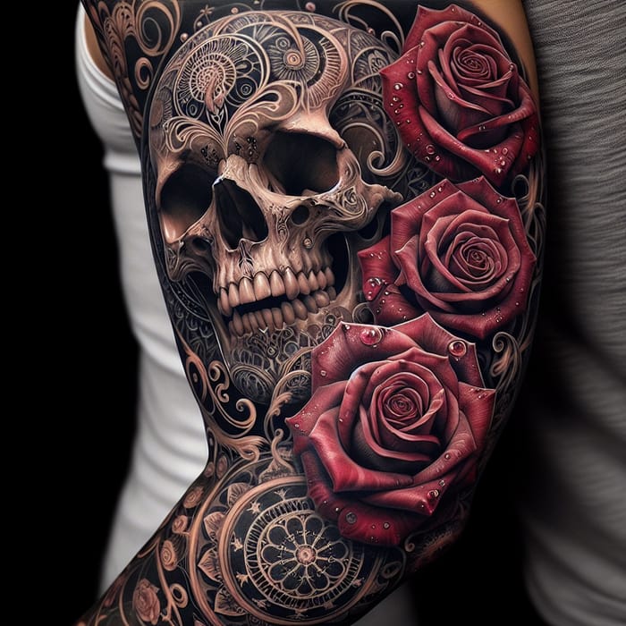 Stunning Arm Sleeve Tattoo: Skull, Mandala & Roses