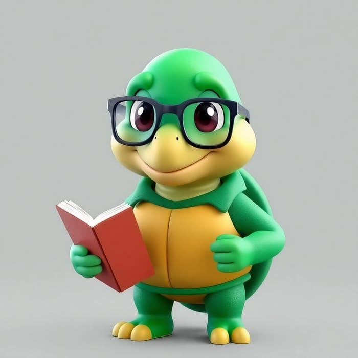 Friendly 3D Turtle Mascot with Glasses and Book