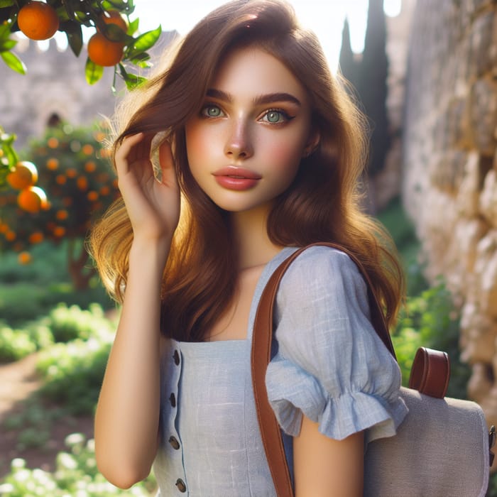 Middle Eastern Woman in Blue Dress - Portrait in Orange Tree Orchard