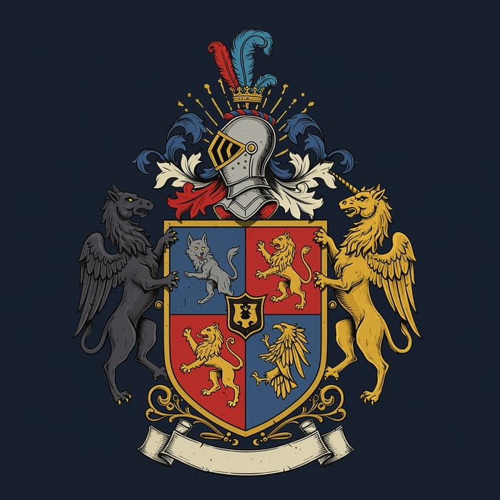 Heraldic Emblem with Lion, Wolf, Unicorn, and Eagle