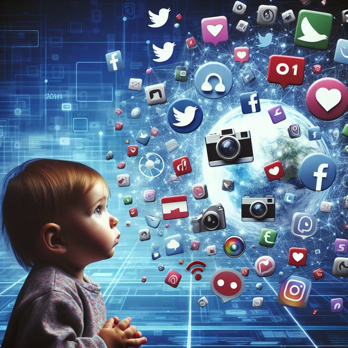 Kid Surrounded by Social Media Networks | Digital Artwork