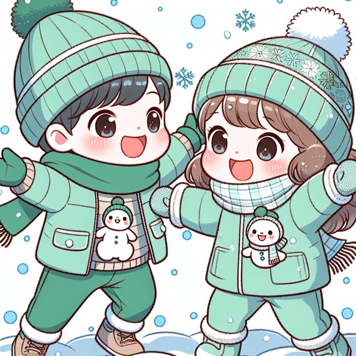 Playful Snow Fight: Mint Color Clothing & Smiling Characters