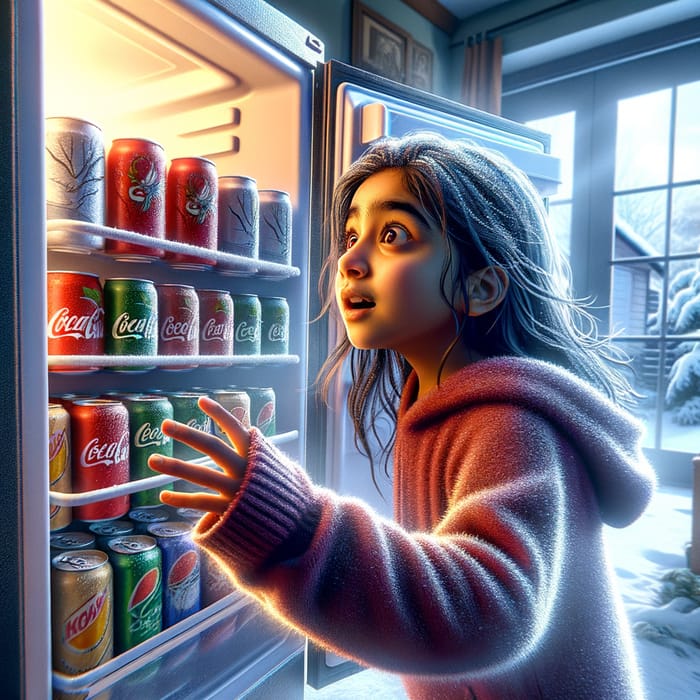 Chilly Winter Scene: Girl Discovers Fridge Packed with Cold Drinks