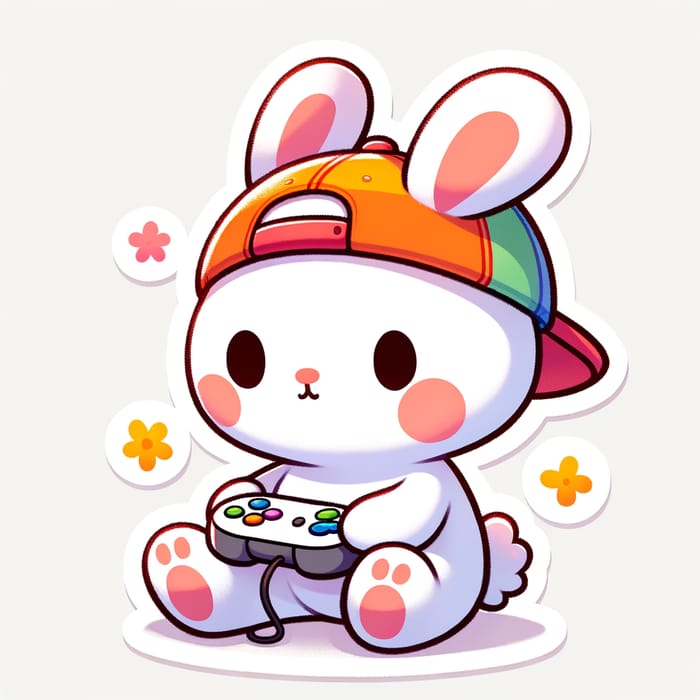 Cute Cartoon White Rabbit Playing with Game Controller