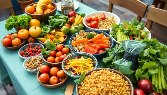 Vibrant Healthy Food Table with Fruits & Veggies