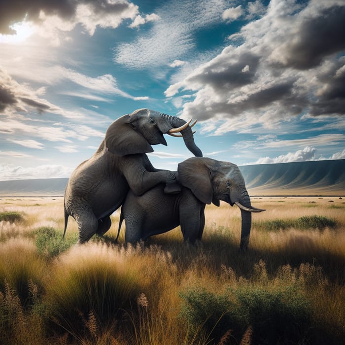 Wild Elephants Mating: Majestic Scene in Grasslands