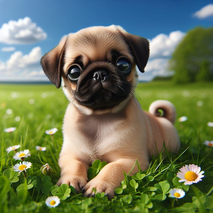 Adorable Fawn-Colored Pug Dog with Expressive Eyes on Green Meadow