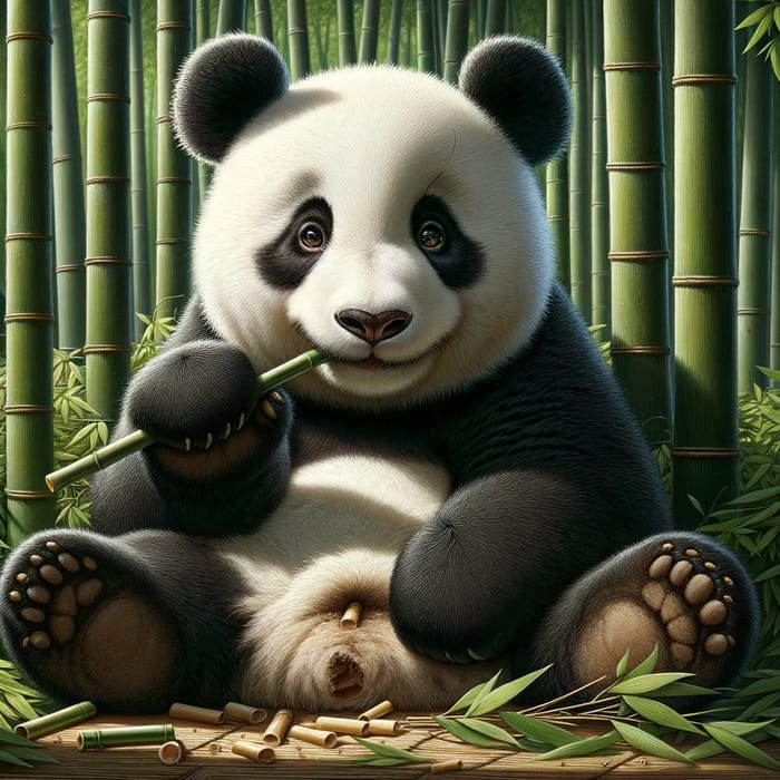 Adorable Panda Munching Bamboo in Lush Forest