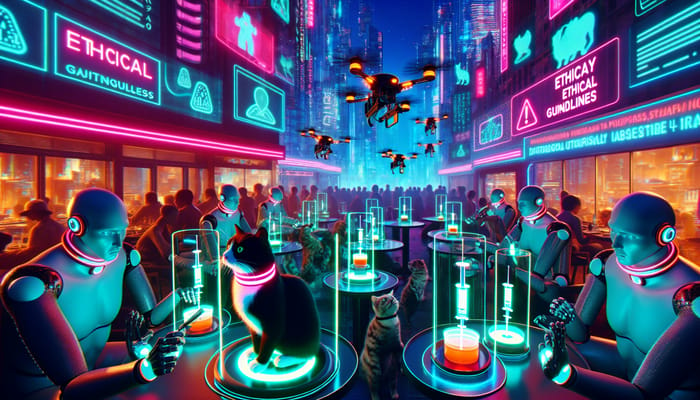 Cyberpunk Cat Café Chaos: A Futuristic Cityscape