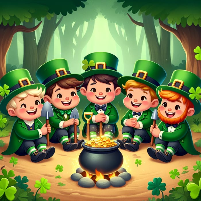 Enchanting Scene of Five Diverse Leprechauns by Campfire with Gold and Clover