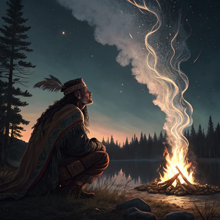 Indigenous American Shaman: Contemplation by Fire