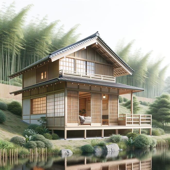 Two-Story Japanese Style Cottage Surrounded by Bamboo Forest and Pond