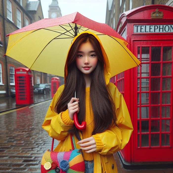 Asian Girl in Yellow Rain Jacket in London Asian Girl in Yellow Rain Jacket in London