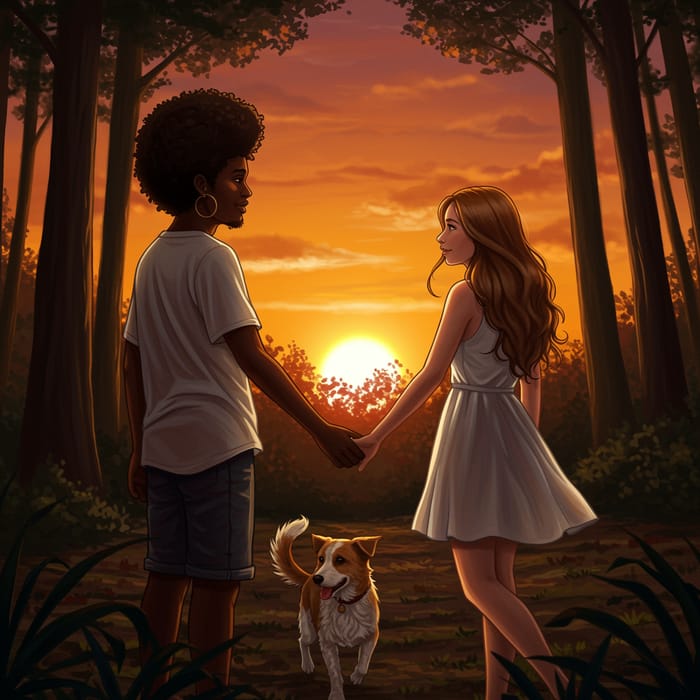 Mixed Race Couple at Sunset in Kawaii Style