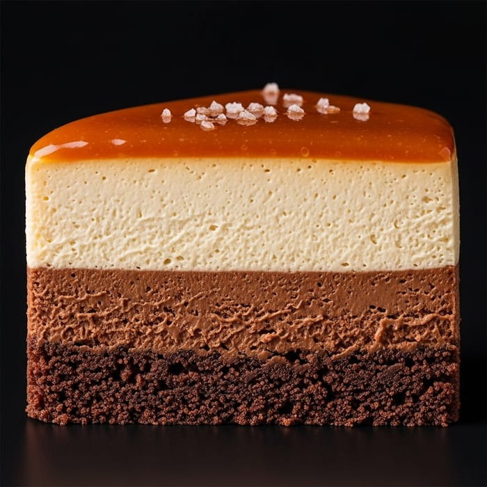 Gourmet Entremet Dessert Slice with Caramel Topping Gourmet Entremet Dessert Slice with Caramel Topping