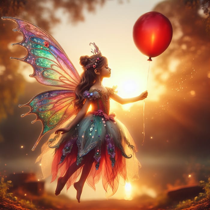 Enchanting Fairy with Red Balloon | Magical Sunlit Backdrop