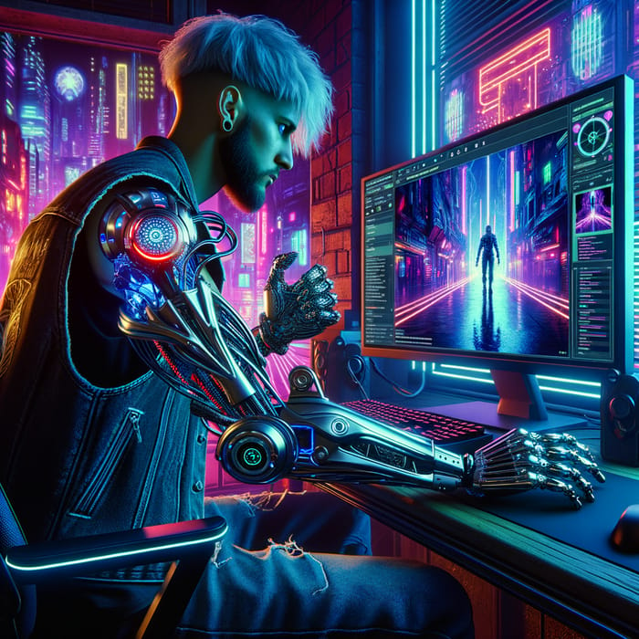 Cyberpunk Style Photo: Jhony Silverhand Gaming with Computer