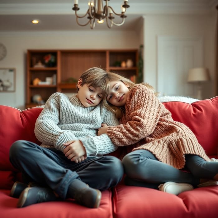 Cozy Moments with Twin Siblings on a Red Couch