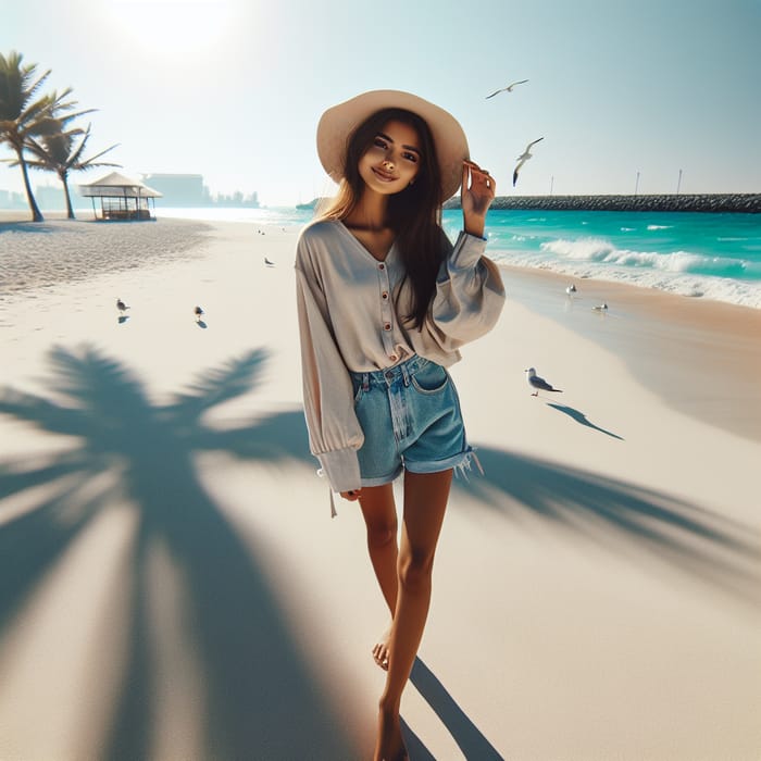 Beautiful Middle Eastern Girl Enjoying Stylish Beach Scene