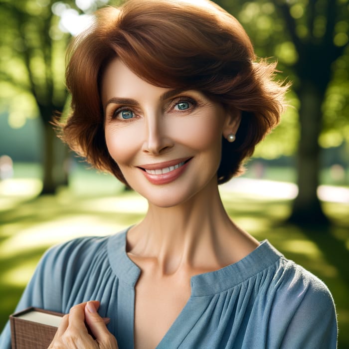 Joyful Caucasian Woman in Park with Blue Blouse