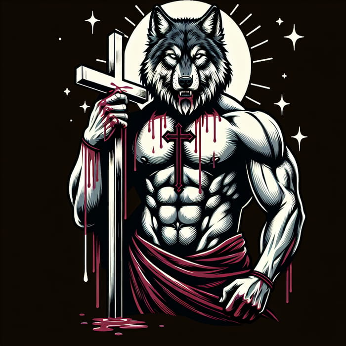 Muscular Wolf-Headed Man Holding Cross with Dripping Blood