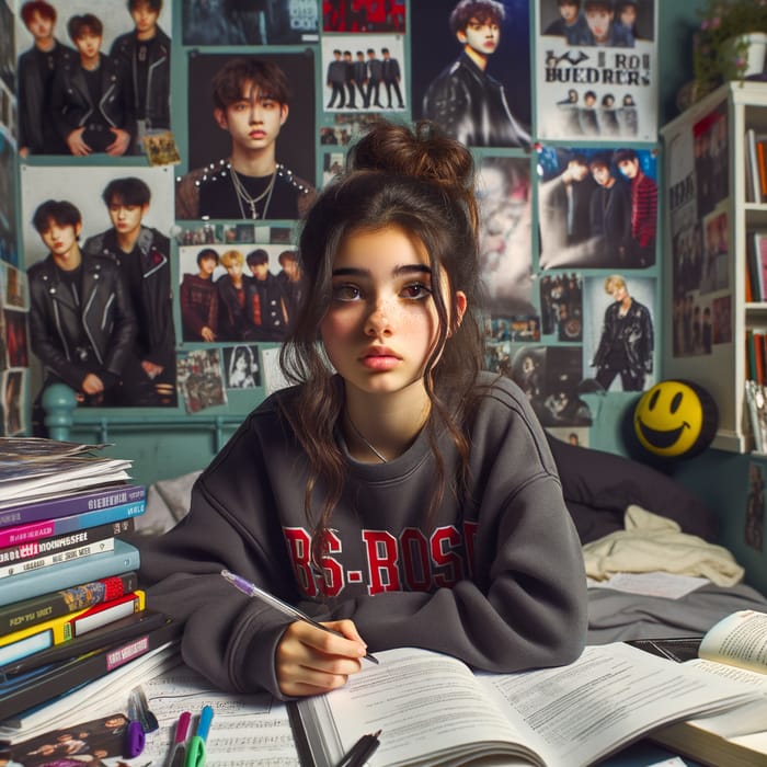 Teen Hispanic BTS Fan: Struggling Student with Music-Themed Lifestyle