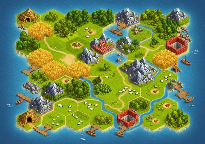 Medieval Island Map: Diverse Terrains & Lakes