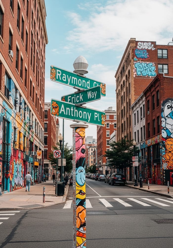 Vibrant Urban Scene with Playful Street Signs Vibrant Urban Scene with Playful Street Signs