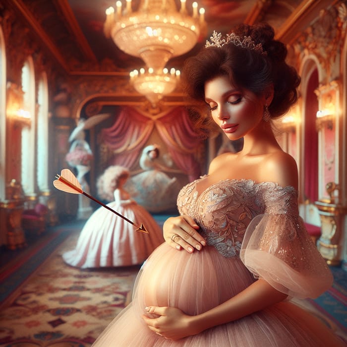 Graceful Pregnant Princess in Opulent Ballroom - A Whimsical Fairytale Scene