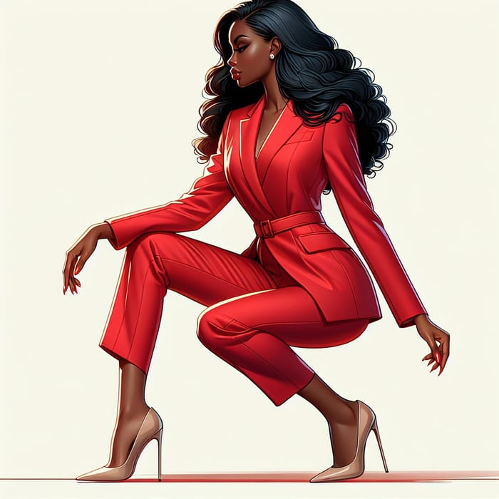 Elegant Black Woman in Red Suit and Beige Heels | Clear 4K Photo