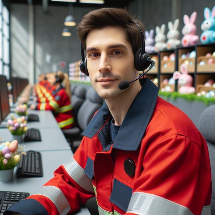 Festive Firefighter in Red Uniform at Easter-themed Call Center