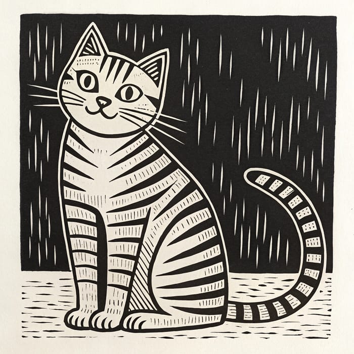 Stylish Striped Cat Lino Cut Art