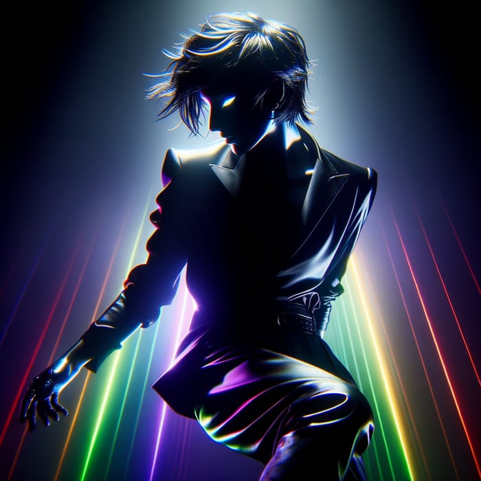 Dynamic Neon Figure on Stage with Black Hair and Rainbow Accents