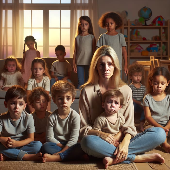 Heartbreaking Scene: Mother with 20 Sad Kids in Living Room