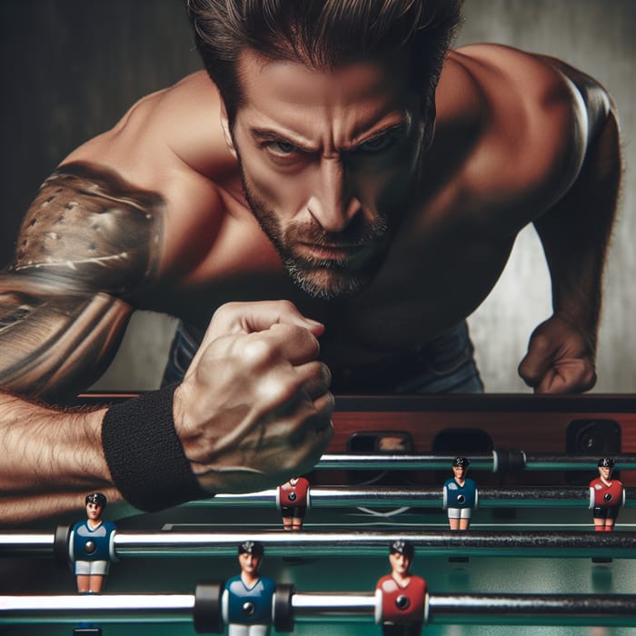 Aggressive White Man Playing Foosball with Intense Wrist Band