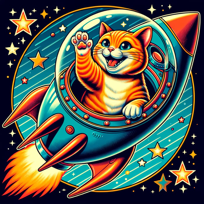 Orange Cat in Space Suit Smiling and Waving while Flying on Rocket