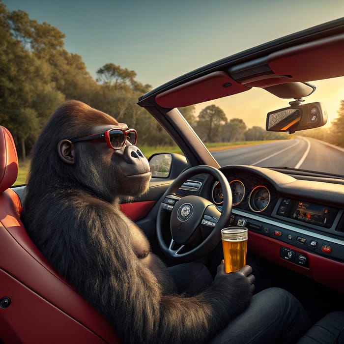 Gorilla Enjoying Beer in a Red Porsche