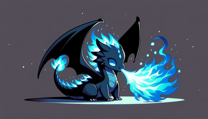 Cute Dark Dragon with Azure Blue Fire - Cell Shading Art