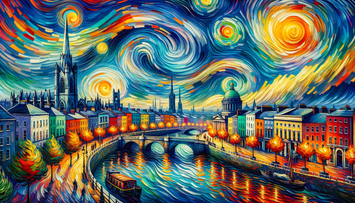 Dublin City in Van Gogh Starry Night Style | Dramatic Cityscape Painting